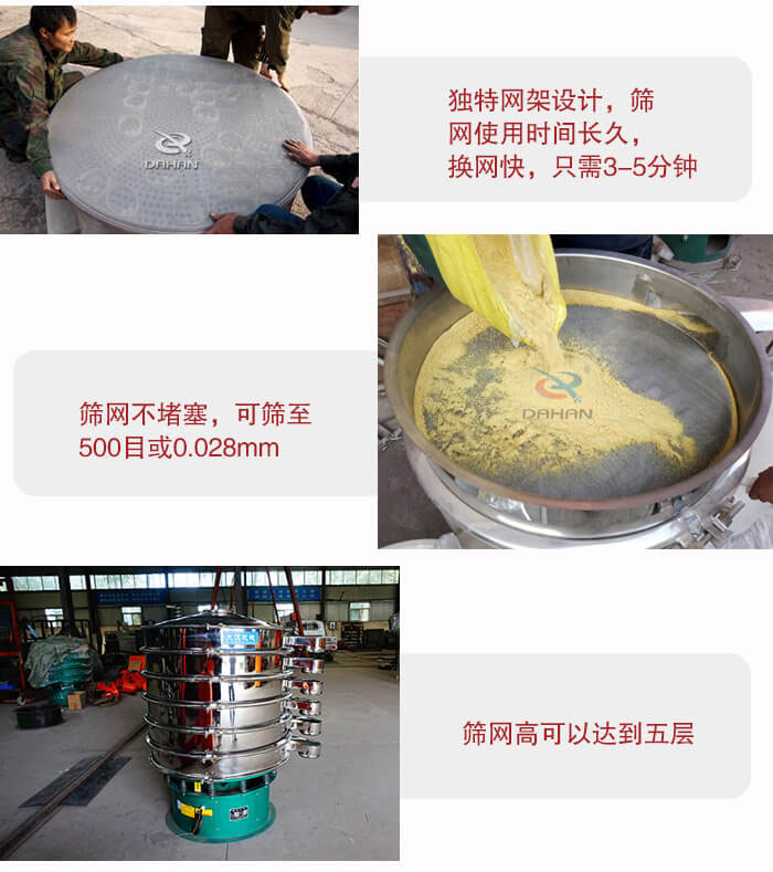 三次元振动筛的特点：筛网使用时间长换让时间短，筛网不堵塞，可筛至500目或0.028mm。