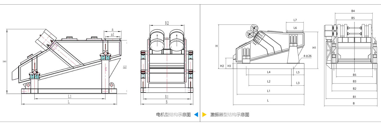 矿用振动筛电机振动式和激振器振动式的内部结构尺寸图。