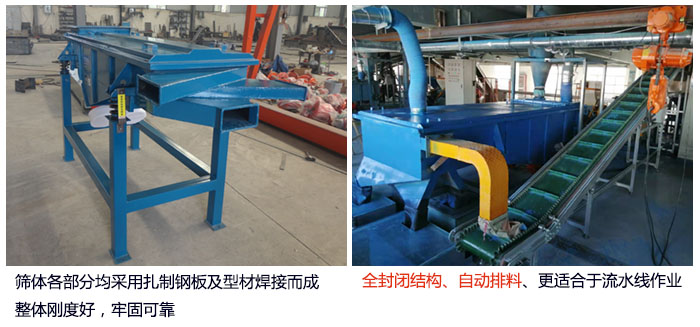 直线筛分机筛体各部分均采用扎制钢板及型材焊接而成整体刚度好，牢固可靠；全封闭结构、自动排料、更适合于流水线作业。