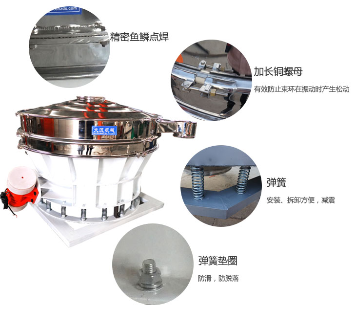 1500直排筛细节展示：弹簧，弹簧垫圈，加长铜螺母。