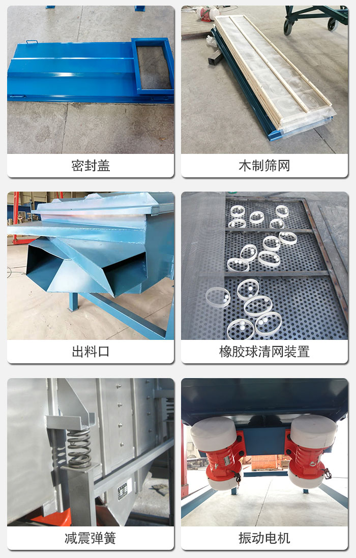 直线筛结构展示：筛网，筛箱，振动电机，振动电机座，减震弹簧，支架等部件展示图