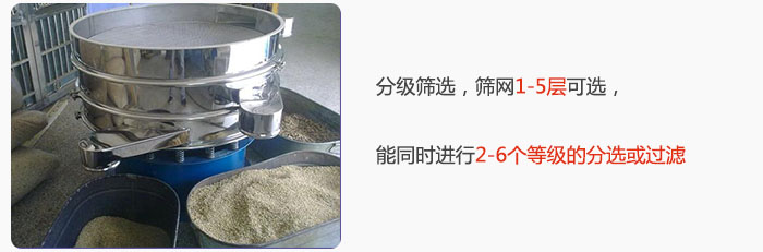 分级筛选，可筛1至5层筛网，能同时进行2至6个等级的分选或过滤
