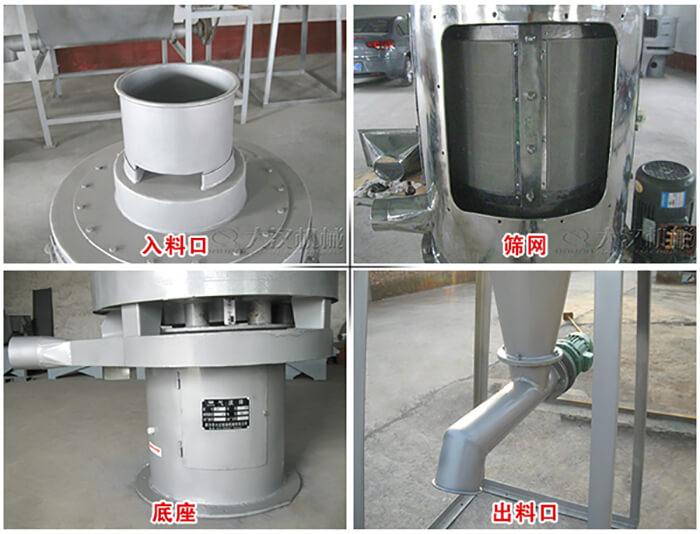 气流筛部件展示：入料口，筛网，底座，出料口等。