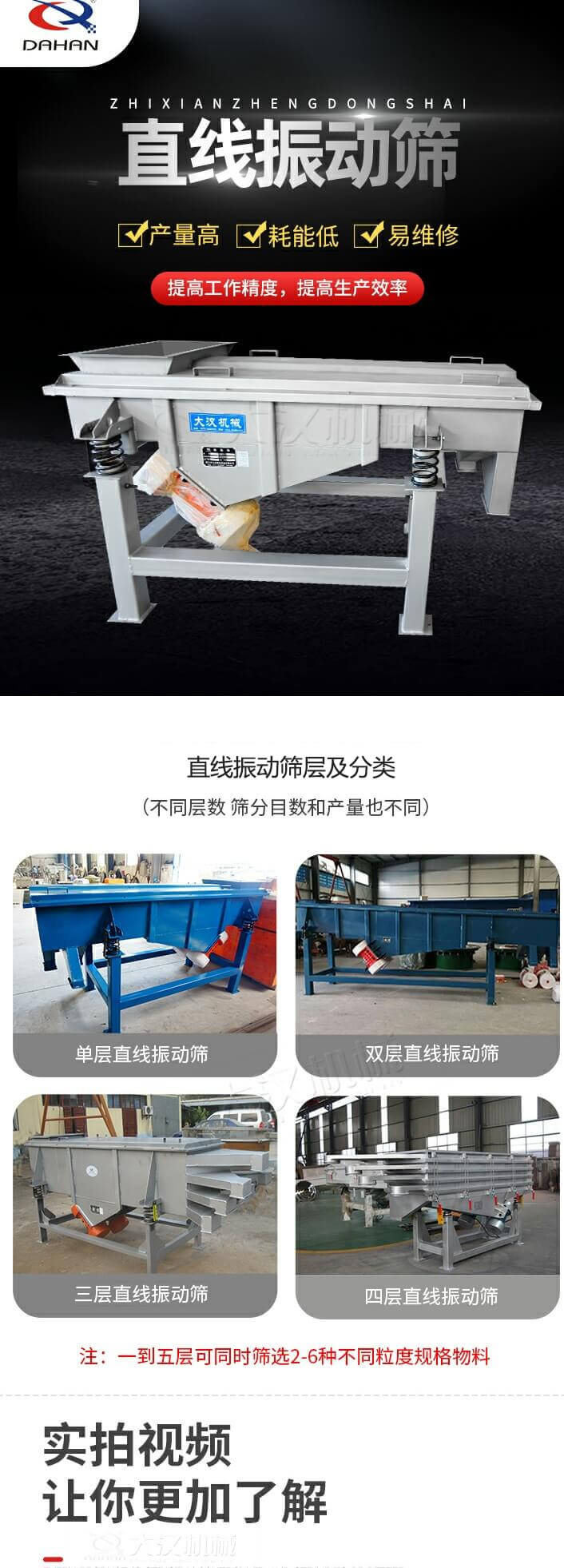直线振动筛概述，产量高，耗能低，易维修，提高工作精度，提高生产效率，直线振动筛层级分类：不同层数，筛分目数和产量也不同：单层，双层，三层，四层等。