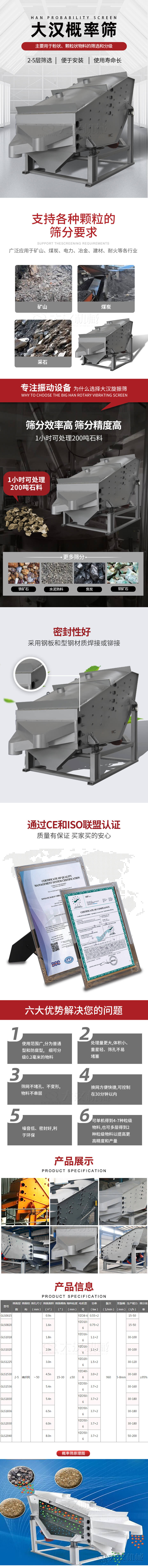 PP电子概率筛主要用于粉状，颗粒状物料的筛选分级主要特点有：高效低耗能，2-5层筛。阌诎沧，使用寿命长。概率筛适用行业：支持各种颗粒的筛分要求：广泛应用于矿山，煤炭，电力，冶金，建材，耐火等各行业。选择PP电子概率筛的原因：筛分效率高，筛分精度高：1小时可处理200吨石料。概率筛优势：密封性好，，采用钢板和型钢材质焊接。概率筛六大优势：1，适用范围广，分为普通型和防腐型，筛分细度可达0.2毫米的物料。2，处理量更大，体积。亓壳幔缚撞灰锥氯3，筛网不赌孔，不变形，物料串层。4，换网方便快捷，可控制在3分钟以内。5，噪音低，密封性好，利于。6，可单机得到4-7种粒级物料，也可多层得到2种粒级物料以提高更高精度和产量。