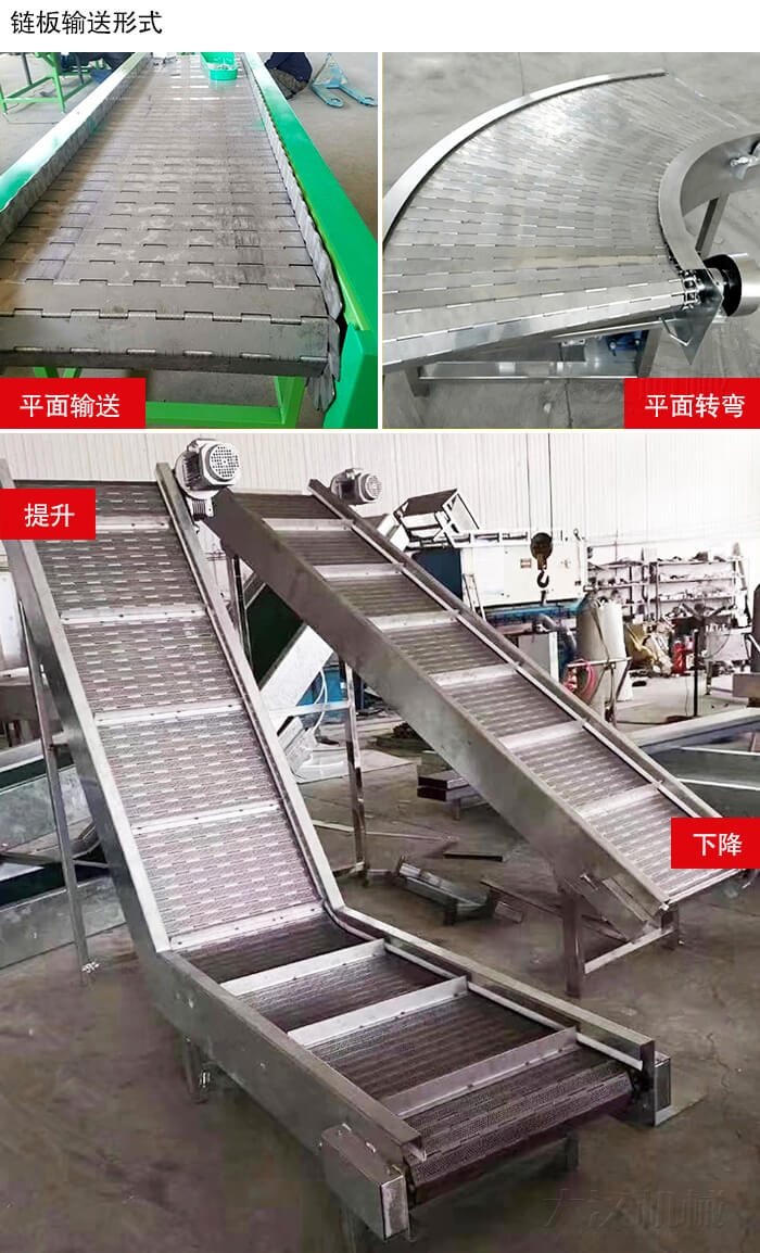 链板输送机平面输送，平面拐弯，提升等运行现场图片