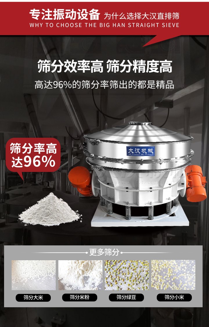 直排筛适用物料有面粉，淀粉，洗衣粉，金属粉，添加剂，化工，非矿等行业。