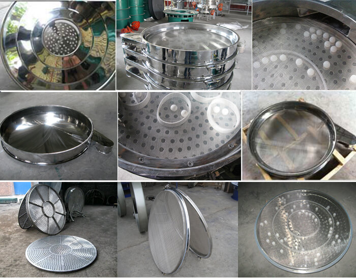 食品振动筛细节展示：防尘盖，筛框，网架，底框等。